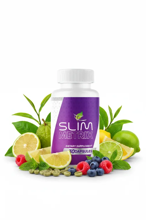 Slim Metrix weight management capsule bottle beside green tea leaves, berberine botanicals and purple capsules