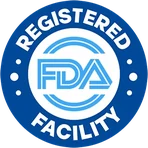 FDA-registered facility badge, a statement about the factory