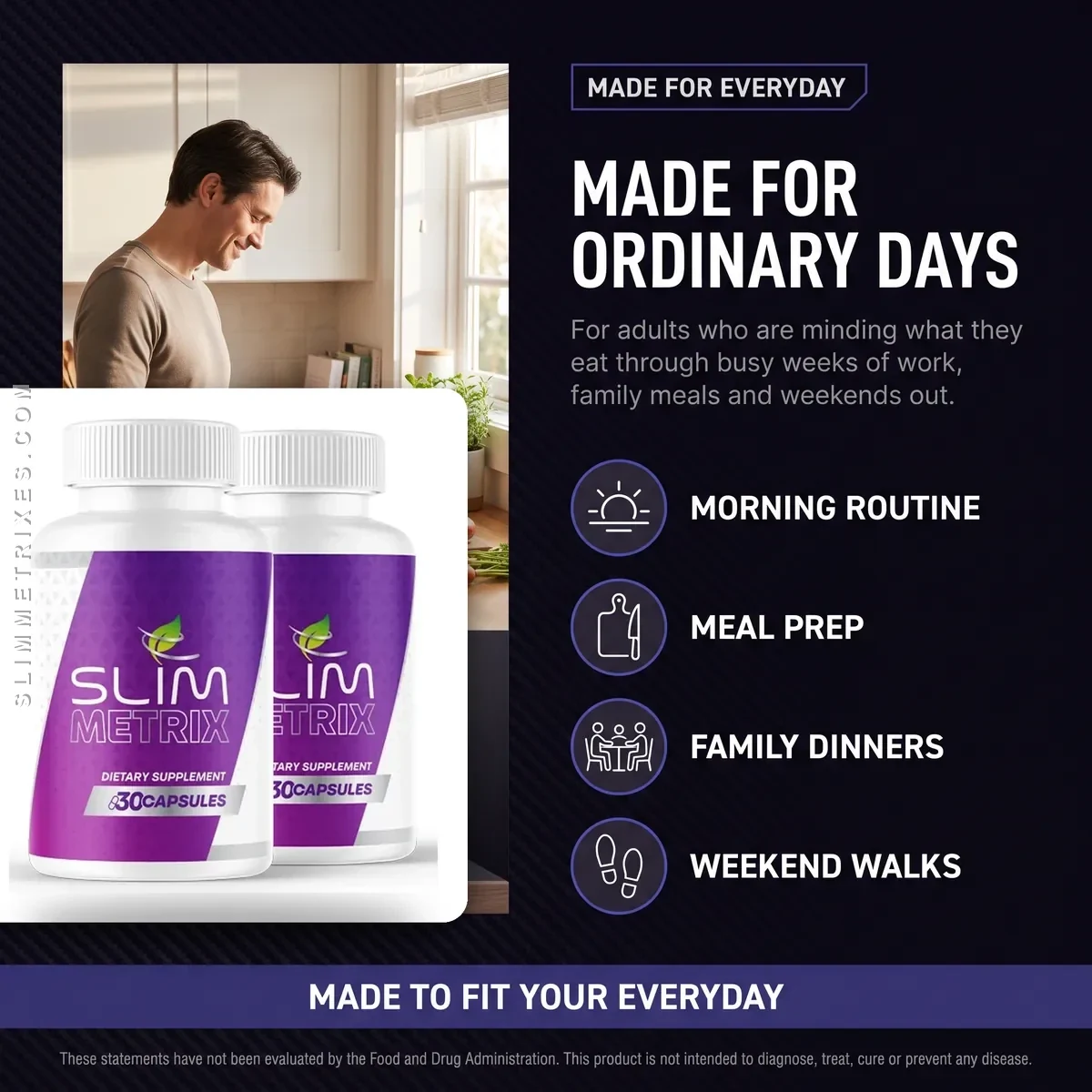A Slim Metrix listing card headed Made For Ordinary Days, showing a man in a kitchen beside two bottles and four everyday scenes