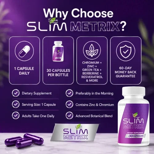 Why choose Slim Metrix: one capsule daily, 30 capsules per bottle, chromium and zinc with a botanical blend, 60-day money-back guarantee